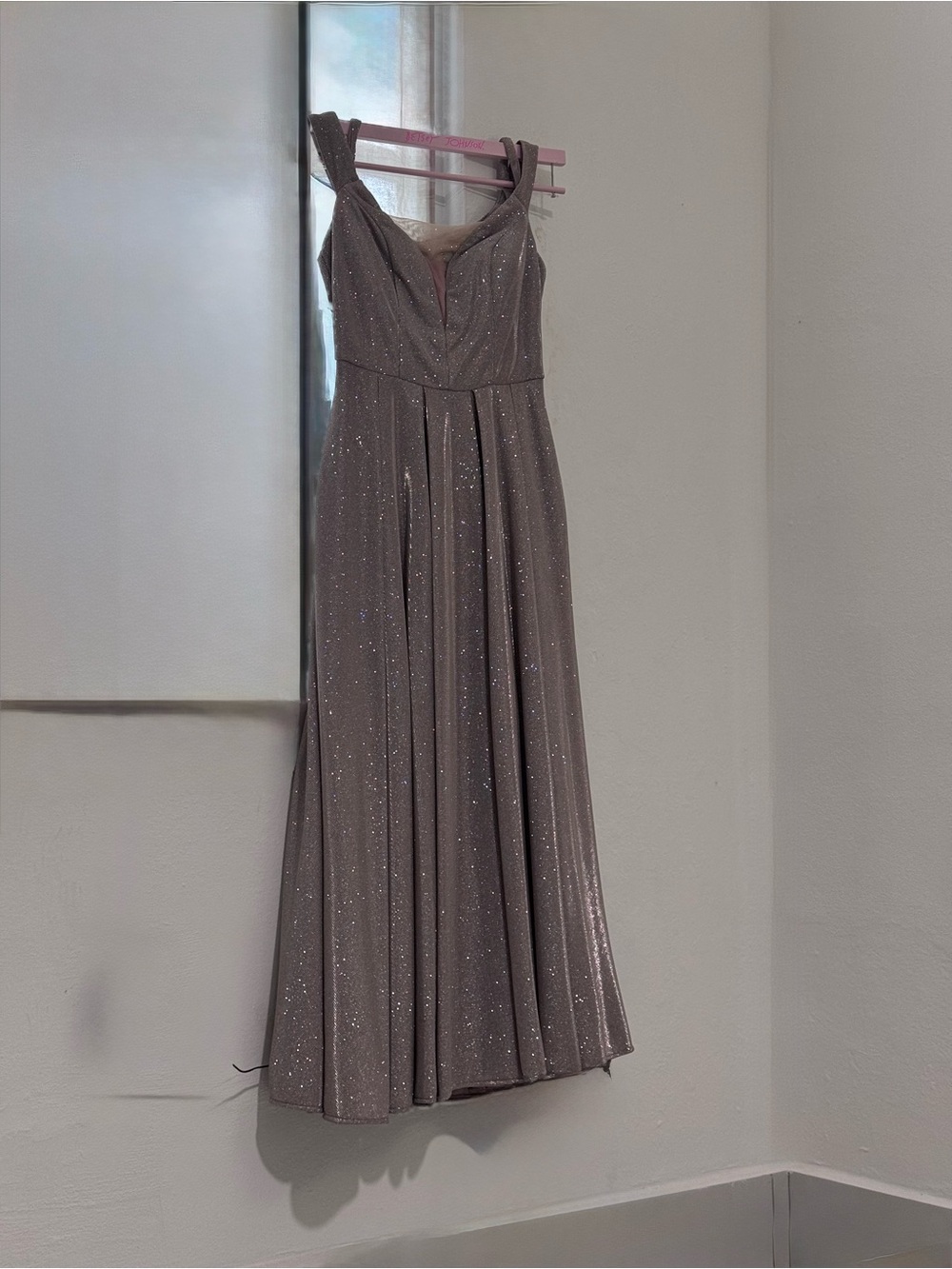 B Darlin Sparkling Taupe Maxi Dress